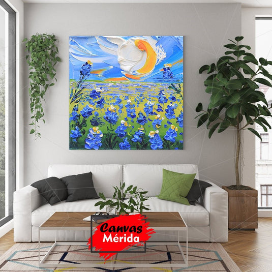 Pintura al óleo impasto de campo de flores azules con sol amaneciente.