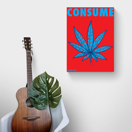 Cuadro decorativo pop art hoja de cannabis azul en fondo rojo con texto Consume