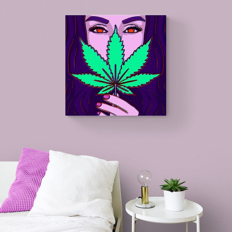 Ilustración digital de mujer con hoja de cannabis vibrante y mirada intensa