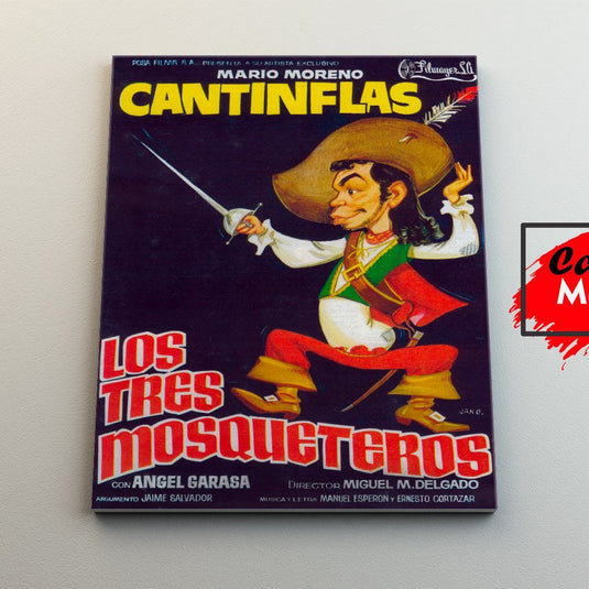 Cartel de la película "Los Tres Mosqueteros" con Cantinflas en diseño caricaturesco.