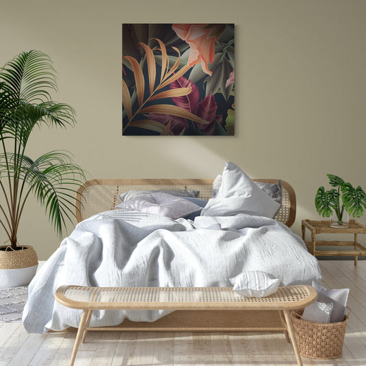 Ilustración detallada de flora tropical en tonos oscuros