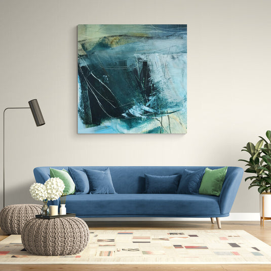 Pintura abstracta inspirada en los mares del Caribe con tonos azules y verdes, texturas dinámicas y profundidad visual. Decoración artística para espacios modernos y frescos.
