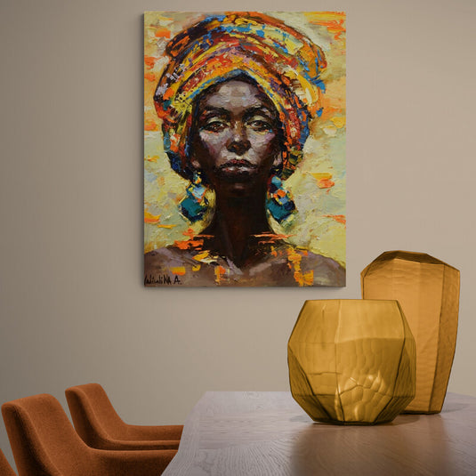 Retrato al óleo de una mujer con turbante multicolor, en un estilo expresivo y vibrante.