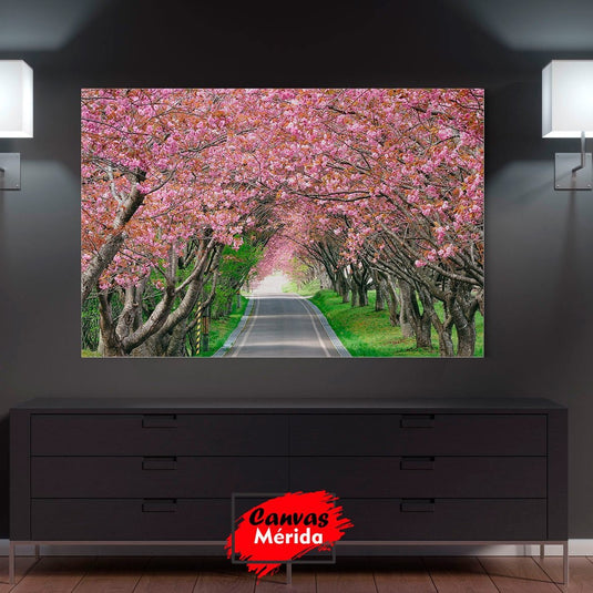 Cuadro Decorativo: Camino de Calle con Árboles de Hojas Rosas en Paisaje Fotográfico