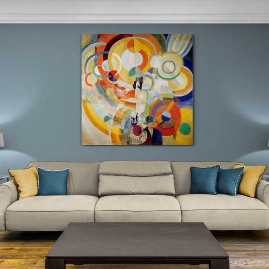 Pintura abstracta con círculos geométricos y colores vivos como amarillo, naranja y azul