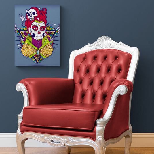 Cuadro decorativo de Catrina con calavera y cabello rojo sobre fondo gris mate