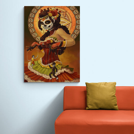 Pintura de Catrina como marionetista con marionetas bailarinas y halo simbólico.