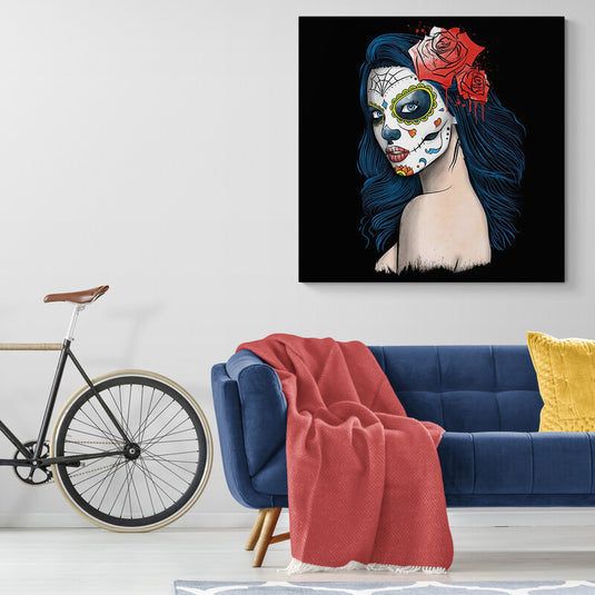 Ilustración moderna de la Catrina con cabello azul y rosas rojas.