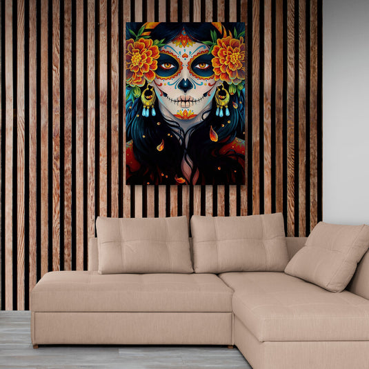 Ilustración colorida de Catrina con flores y pendientes, inspirada en el Día de los Muertos.