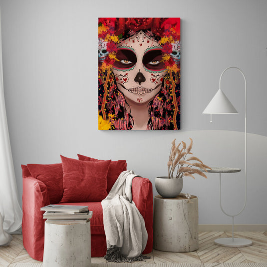 lustración intensa de Catrina con maquillaje y adornos tradicionales.
