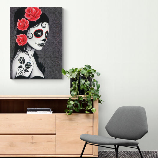 lustración de perfil de Catrina con flores y maquillaje de calavera.