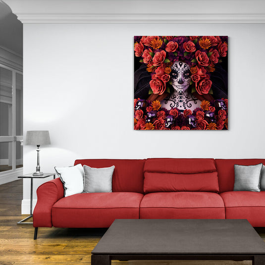 Ilustración artística de Catrina con corona de flores y maquillaje detallado.