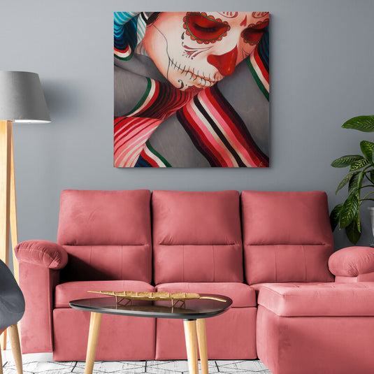 Pintura emotiva de Catrina con rebozo tradicional y maquillaje de calavera.