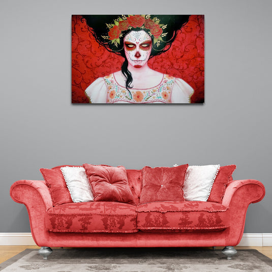 Pintura de Catrina con tocado floral y vestido tradicional bordado.