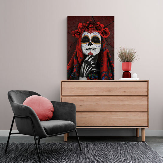 Fotografía de Catrina pensativa con corona de rosas y chal colorido.