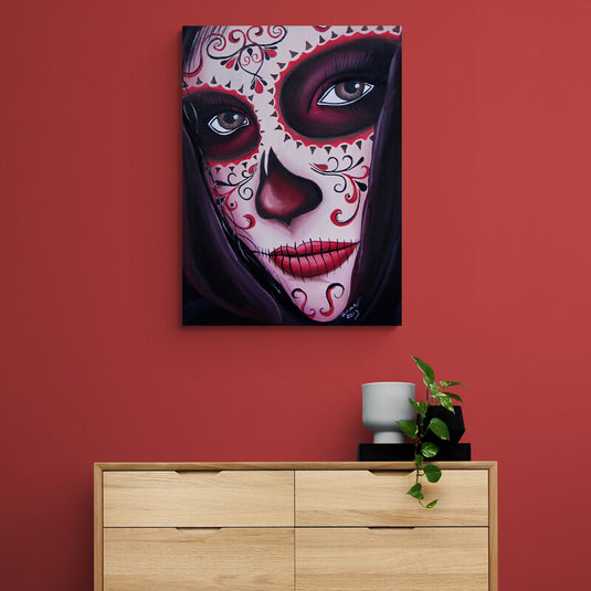 Pintura emotiva de Catrina con velo y maquillaje tradicional de calavera.