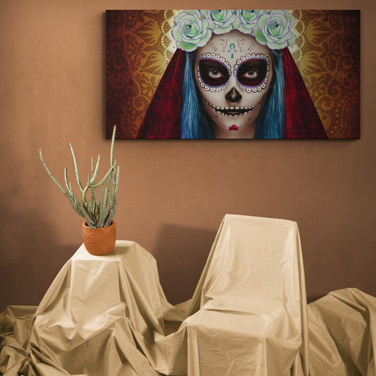 Fotografía de Catrina con cabello azul, corona de rosas y maquillaje de calavera.