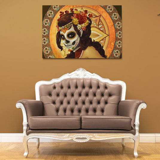 Pintura de Catrina con corona floral y fondo de mandala dorado.