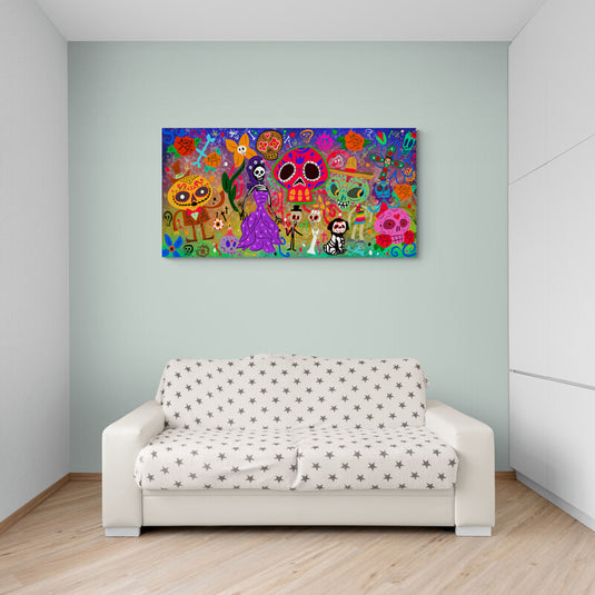 Obra artística colorida que celebra el Día de Muertos con calaveras y una catrina