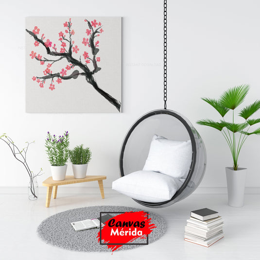 Cuadro decorativo de árbol con flores rosas en fondo blanco.