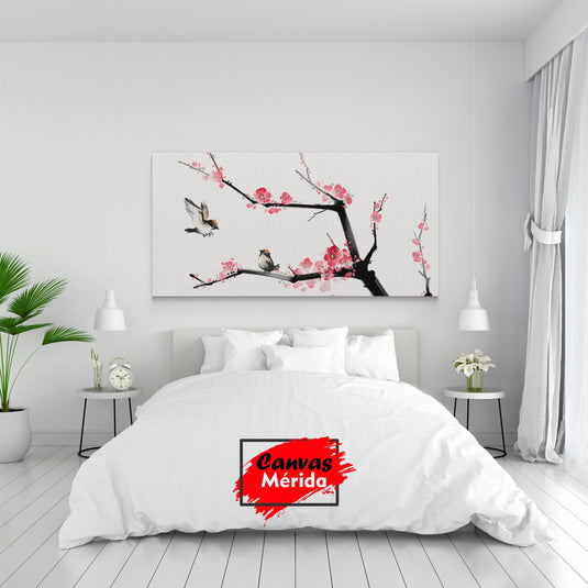 Cuadro decorativo: Árbol con ramas finas, flores rosadas y dos pajaritos en fondo blanco