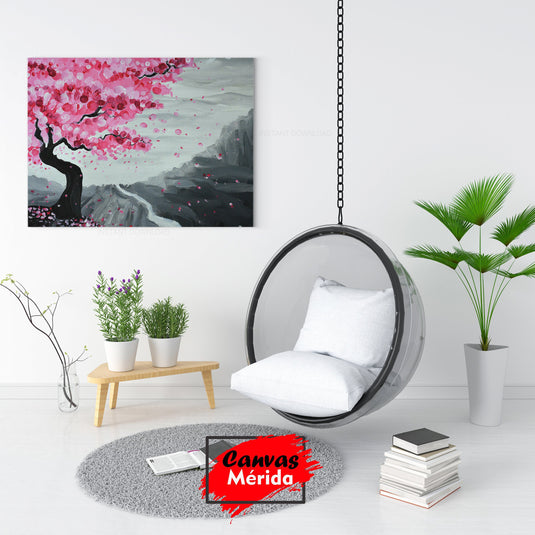 Cuadro decorativo de cerezo con hojas rosadas, tronco oscuro y montañas en fondo gris