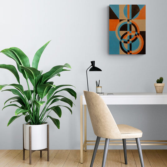 Arte abstracto con rectángulos y círculos en azul y naranja.