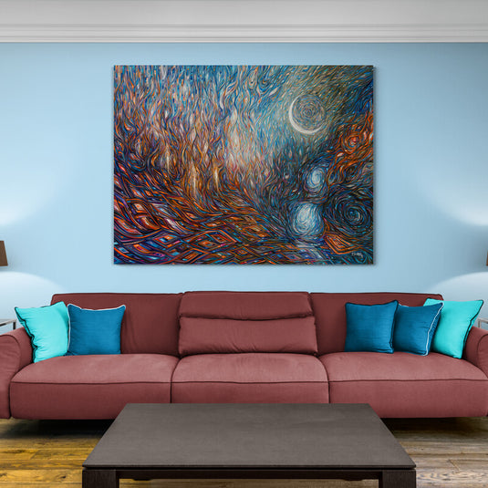 Obra abstracta de luna creciente con colores vibrantes