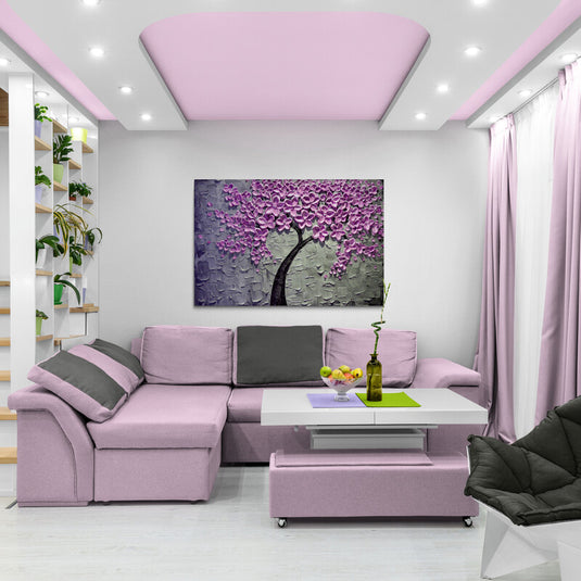 Cuadro decorativo con fondo gris y árbol curvado con hojas en forma de flores moradas