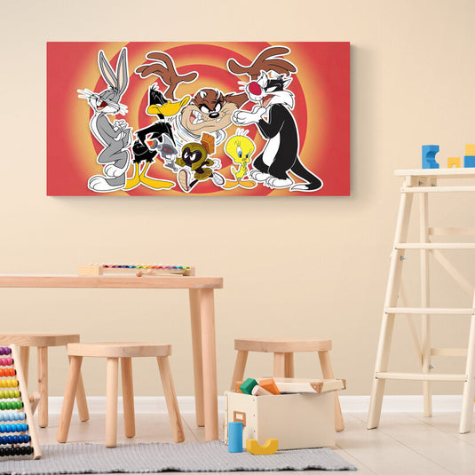 Cuadro decorativo Looney Tunes con Bugs Bunny, Piolín, Silvestre y Taz en diseño colorido para habitaciones infantiles