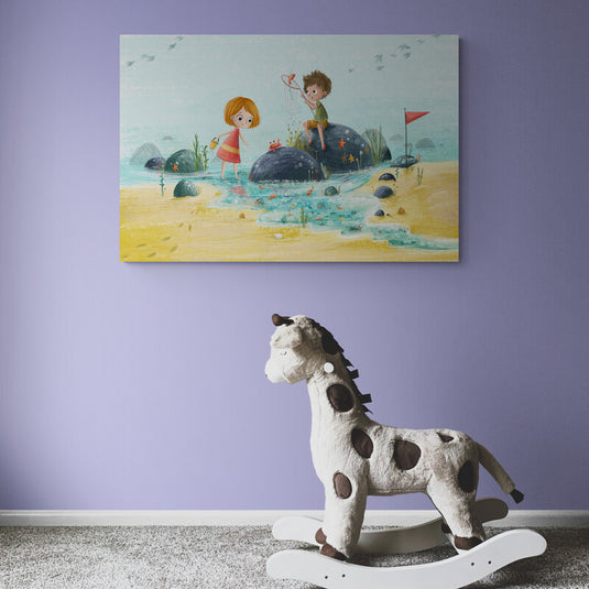 Ilustración de dos niños jugando en una isla con elementos marinos estilizados