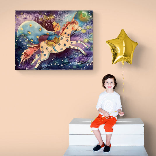 Pintura de niño en unicornio estelar