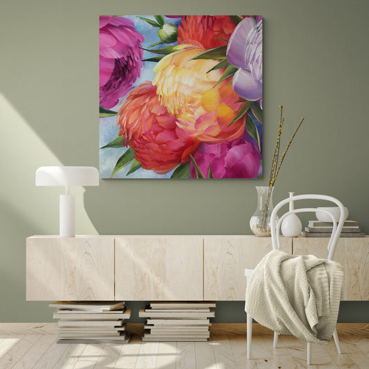 Pintura al óleo de peonías en colores vivos y textura rica