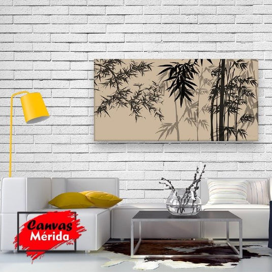 Pintura minimalista de bambú en tonos sepia sobre fondo beige