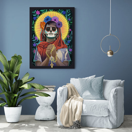 Ilustración de figura con calavera pintada y flores para Día de Muertos