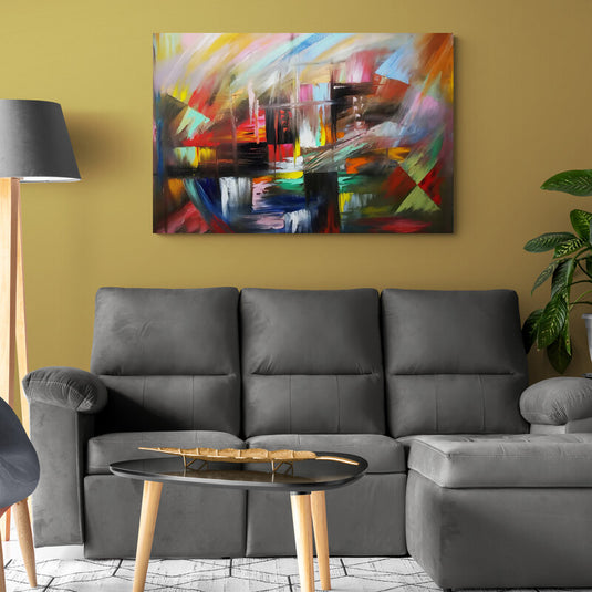Cuadro abstracto moderno con explosión de colores en técnica de dripping y formas geométricas