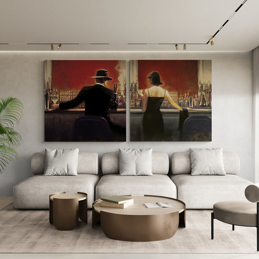 Díptico decorativo estilo vintage con pareja elegante en bar nocturno arte nostálgico inspirado en el cine noir para decoración sofisticada y retro