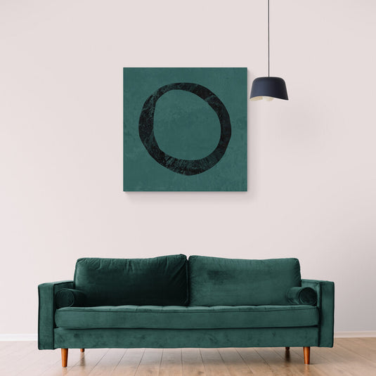 Cuadro decorativo abstracto con círculo negro sobre fondo verde oscuro, arte minimalista moderno