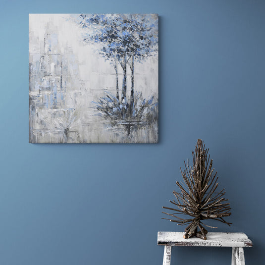 Cuadro Decorativo Abstracto de Troncos Entrelazados en Tonos Azules y Grises sobre Fondo Blanco, Gris y Azul