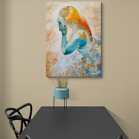 Cuadro decorativo mujer en acuarela con tonos azules y naranjas Clear Water - Arte moderno para interiores