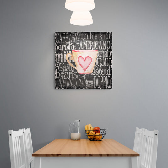 Cuadro decorativo minimalista con taza de café blanca y corazón rojo, acompañado de la frase "Pray, Coffee, Repeat" sobre fondo marrón, ideal para decoración acogedora y espiritual en el hogar o la oficina.