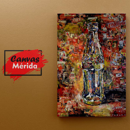 Cuadro pop art botella Coca-Cola con fondo collage colorido – Arte decorativo moderno