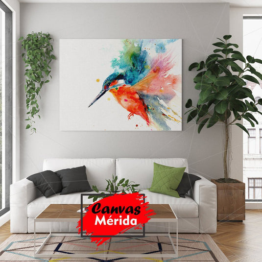 Cuadro decorativo colibrí acuarela en tonos naranja, azul, verde y rosa sobre fondo blanco