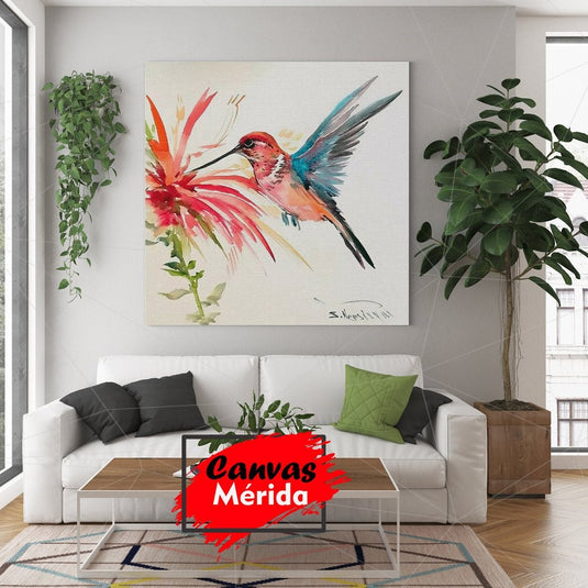 Colibrí multicolor acercándose a flor roja en fondo blanco y amarillo