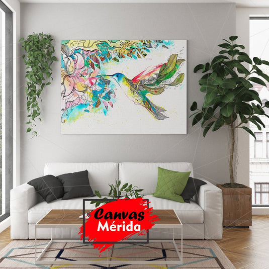 Cuadro Decorativo - Flor Rosa, Hojas de Colores y Colibrí en Vuelo con Plumaje en Verde, Amarillo, Naranja y Azules sobre Fondo Blanco