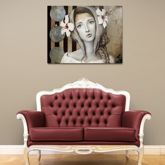 Cuadro Decorativo - Rostro de Mujer con Cabello Trenzado, Flores Azules y Pajaritos en Fondo Café de Colores Fríos