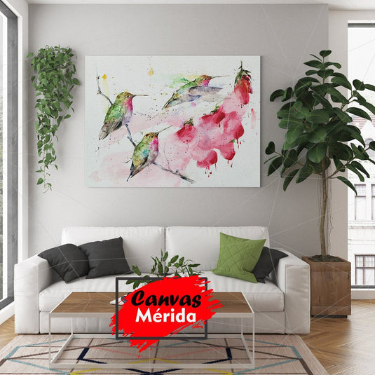 Cuadro Decorativo - Flores Acuarela, Tres Colibríes en Verde, Rosa y Azul sobre Fondo Blanco con Rama Delgada