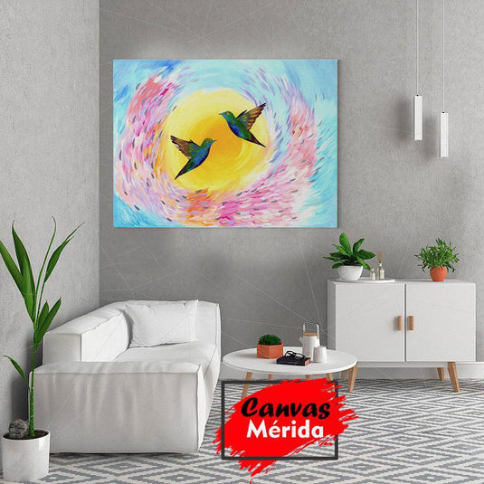 Cuadro Decorativo - Círculo Amarillo con Colibríes Verdes en Fondo Azul y Borde Rosa