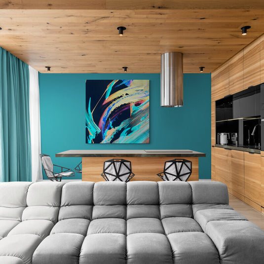 Cuadro moderno con figura abstracta en técnica de dripping y colores vibrantes