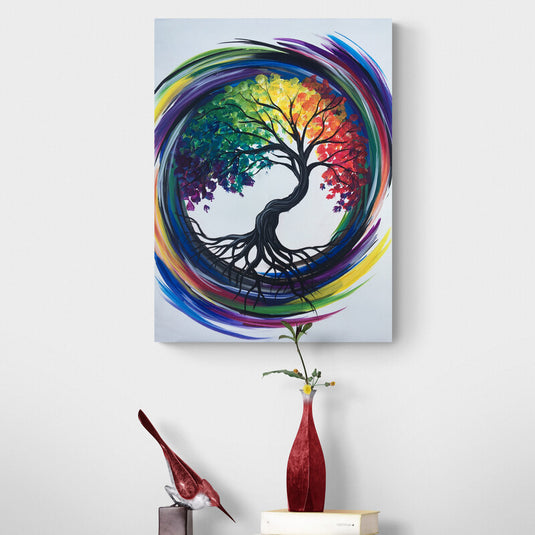 Círculo multicolor con árbol central y variedad de hojas otoñales en fondo blanco"